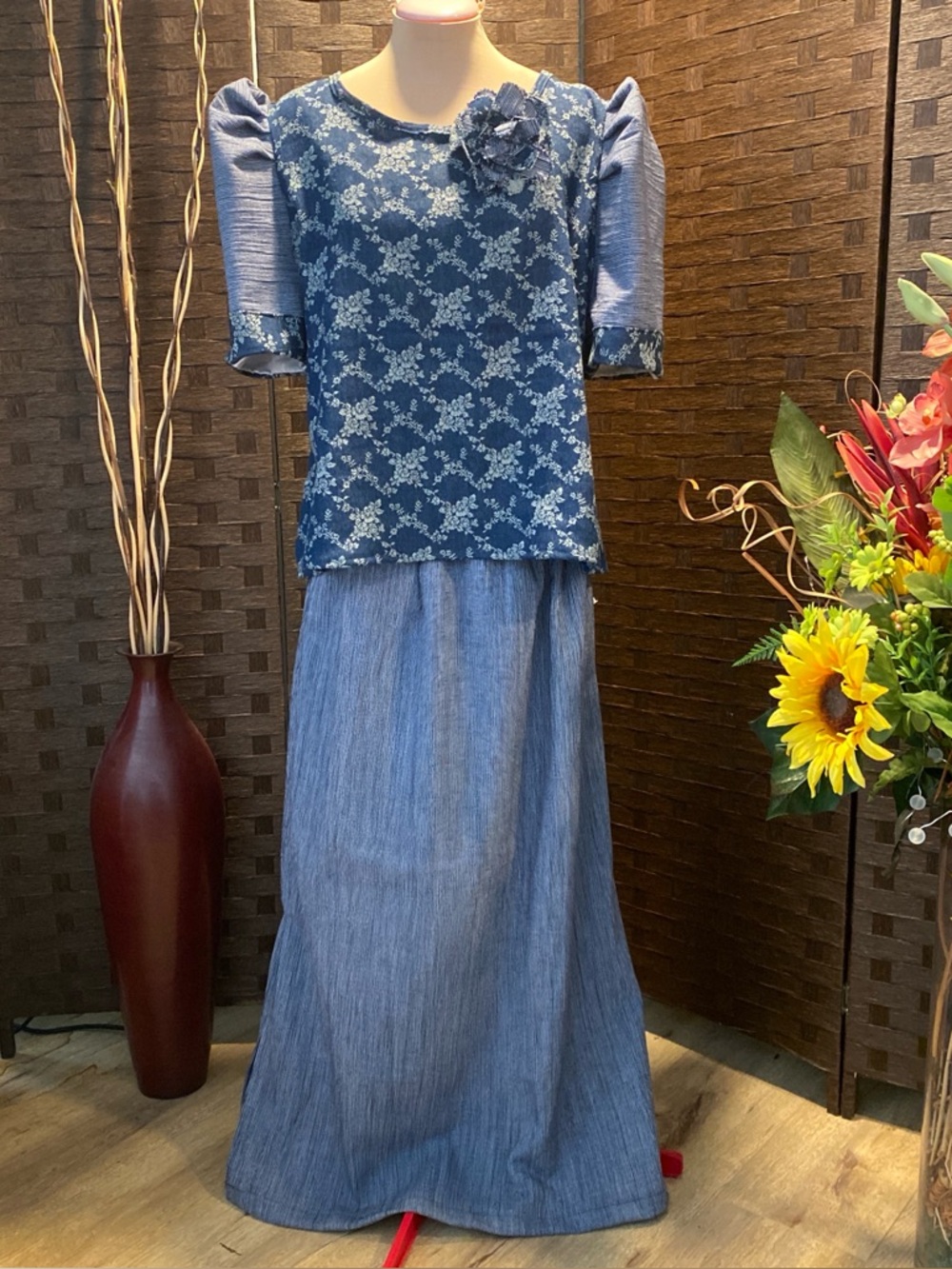 Filipiniana Blue Floral Print Top Open Back & Gray Maxi Skirt Set Fits 2XL & 3XL